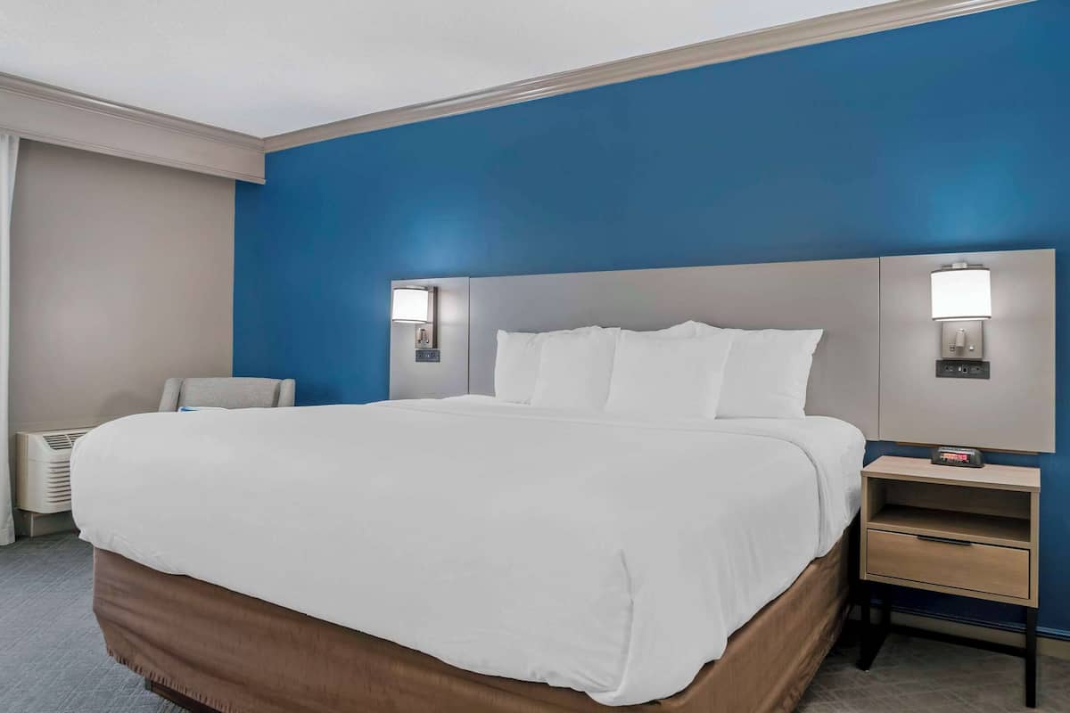 A hotel room with a large bed, a bedside table with a lamp, and a wall-mounted air conditioning unit.