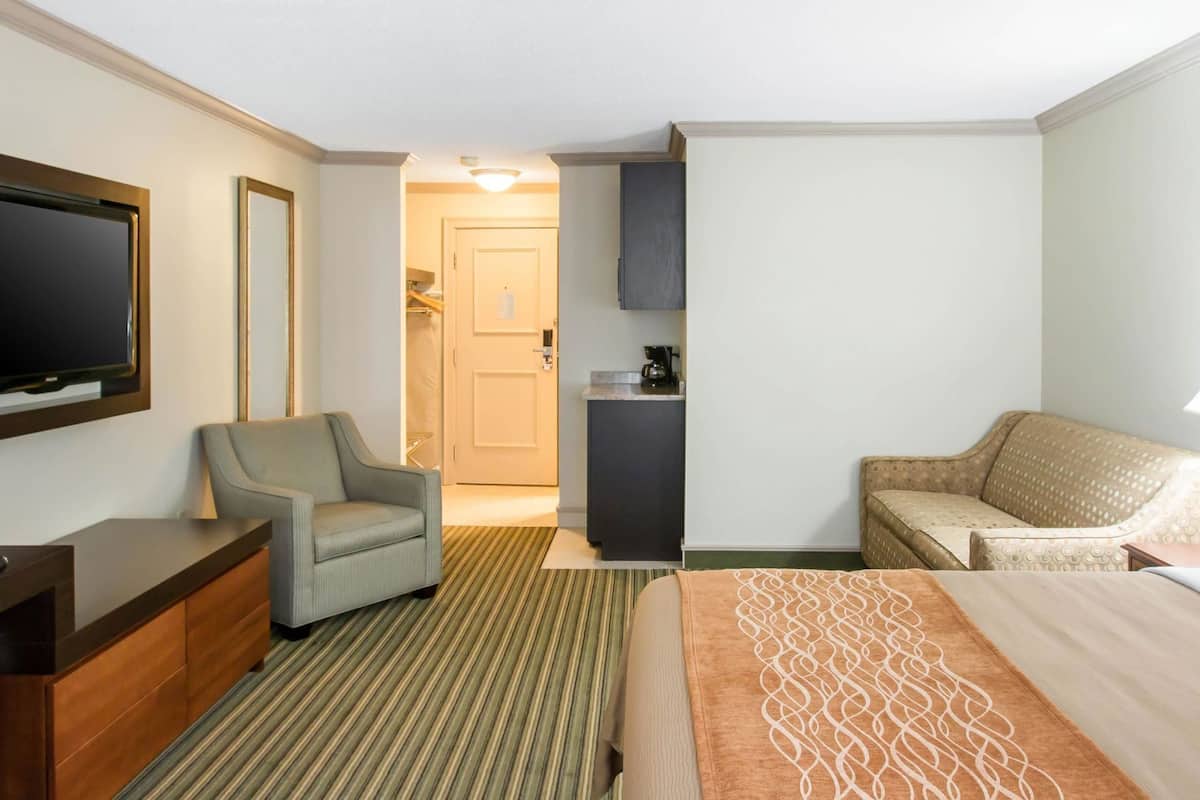 A hotel room with a bed, a desk, a chair, a sofa, a television, and a kitchenette.