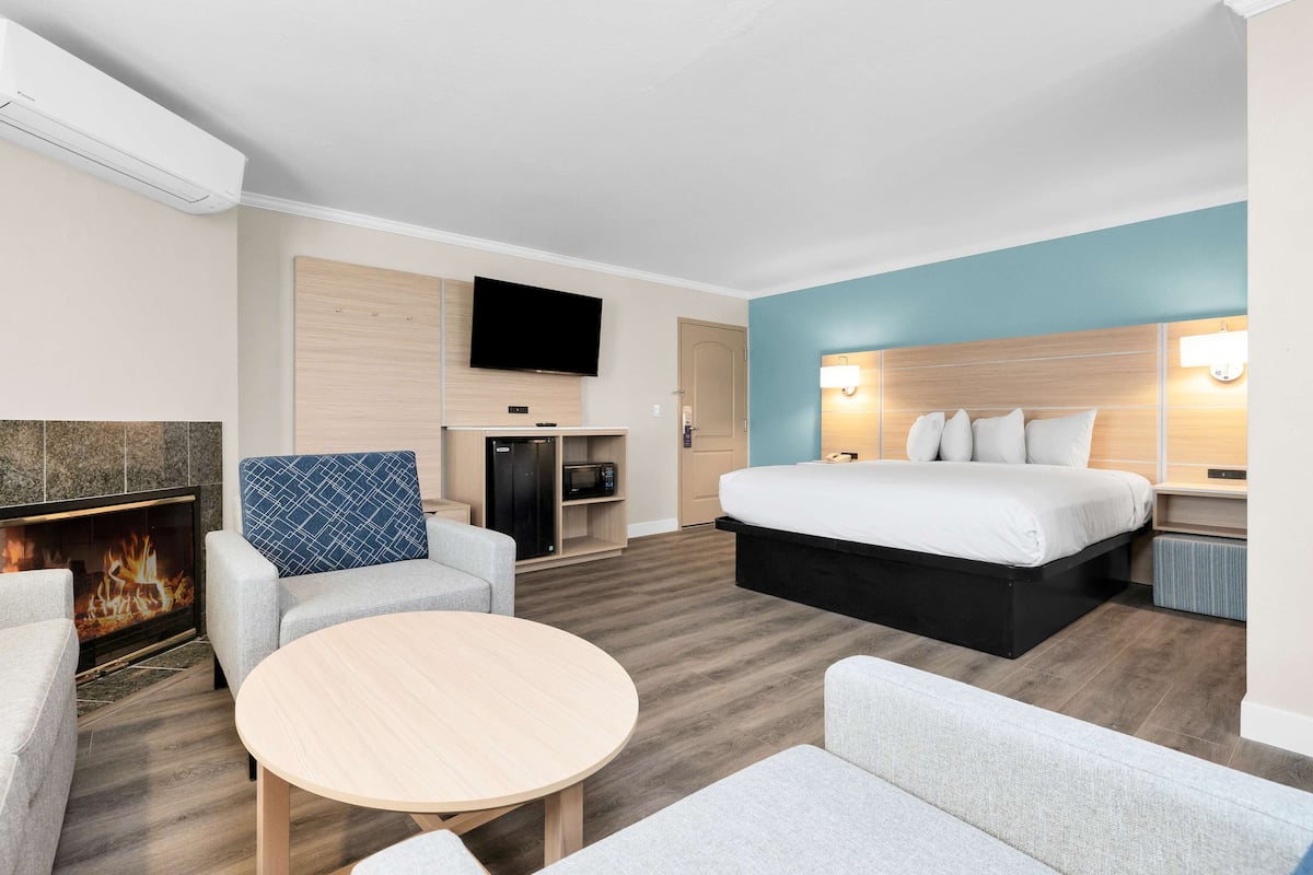Moderni hotellihuone, jossa on sänky, sohva, pieni pöytä, televisio, takka ja mikroaaltouuni.
