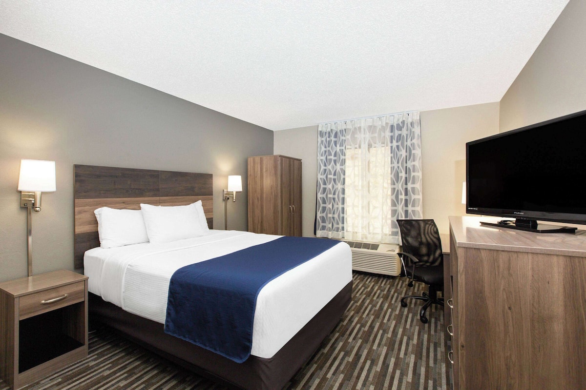 A hotel room with a large bed, a desk with a flat-screen TV, a chair, a wardrobe, and a window with a geometric curtain.