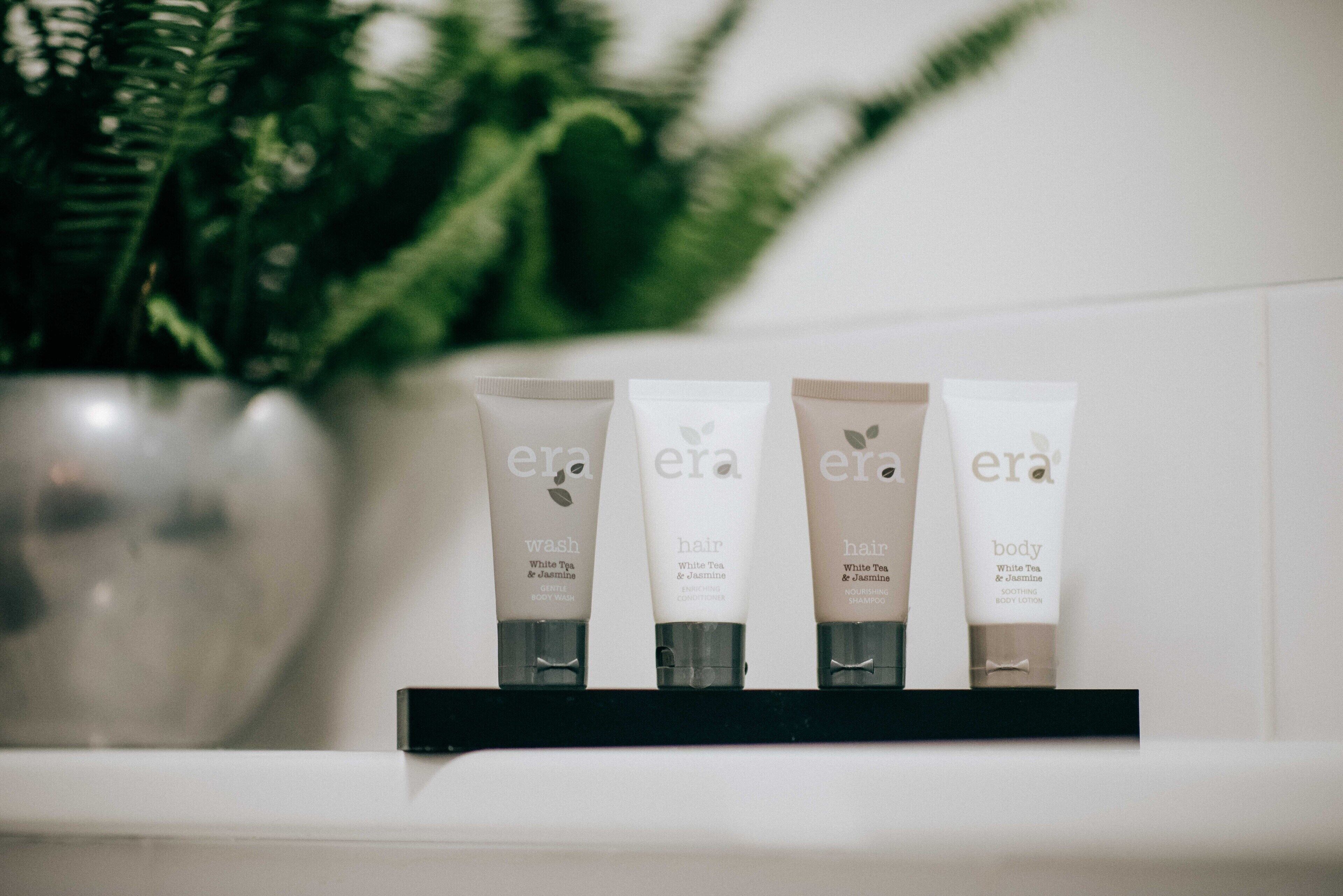 free toiletries, hair dryer, towels