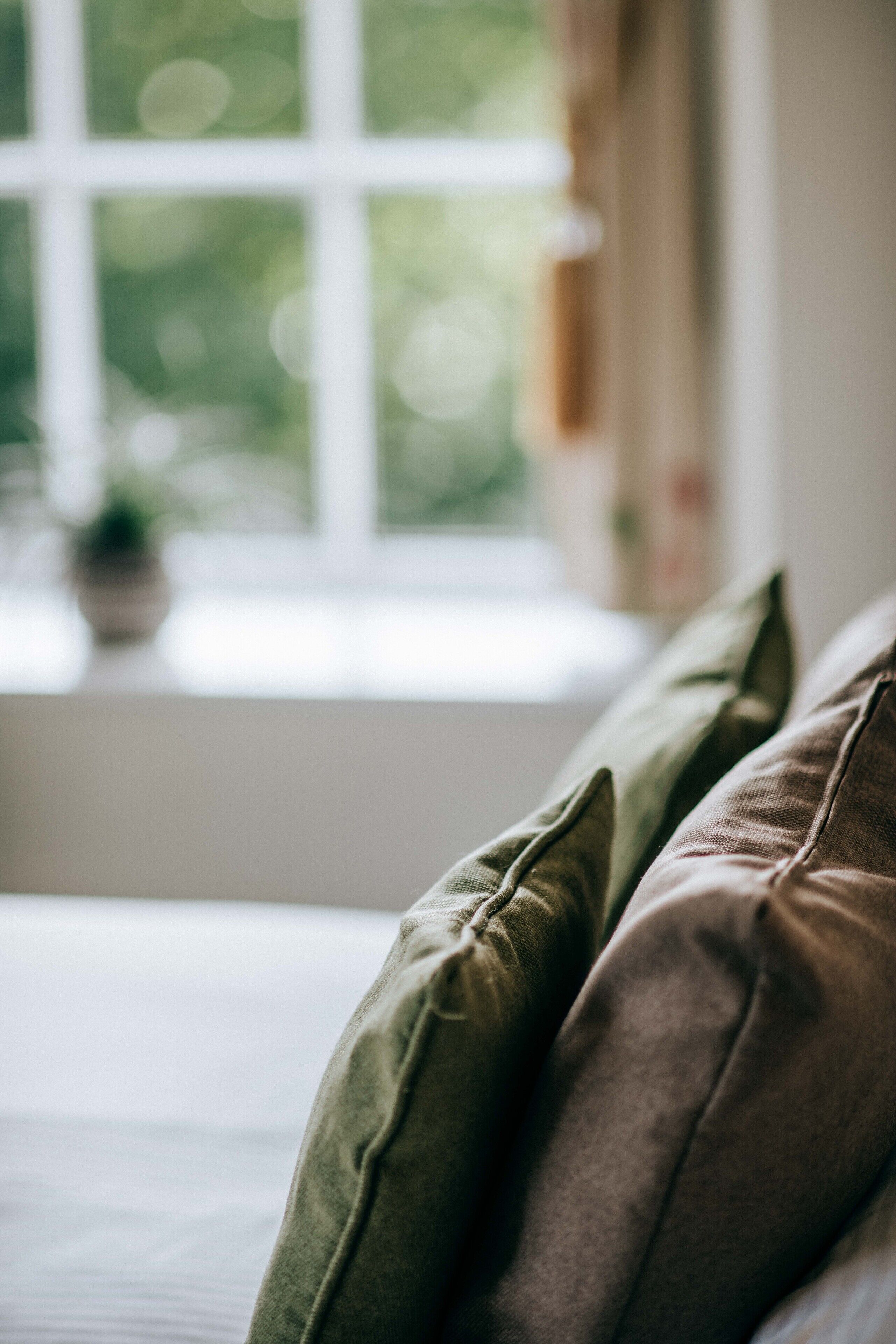 A close-up of a bed with green and brown pillows, a window with a view of greenery, and a potted plant on the windowsill.