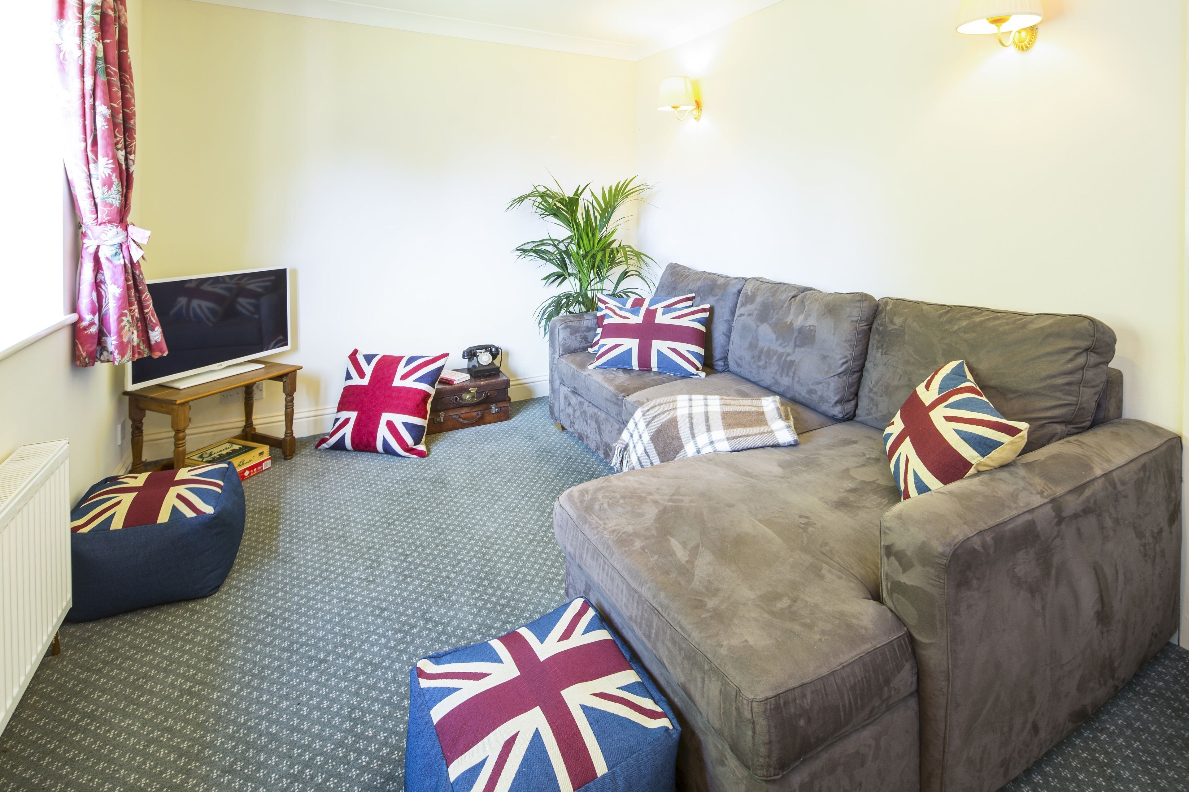Una sala de estar con un sofá gris, un televisor sobre un mueble de madera, una planta en maceta y varios cojines con diseños de la bandera del Reino Unido.
