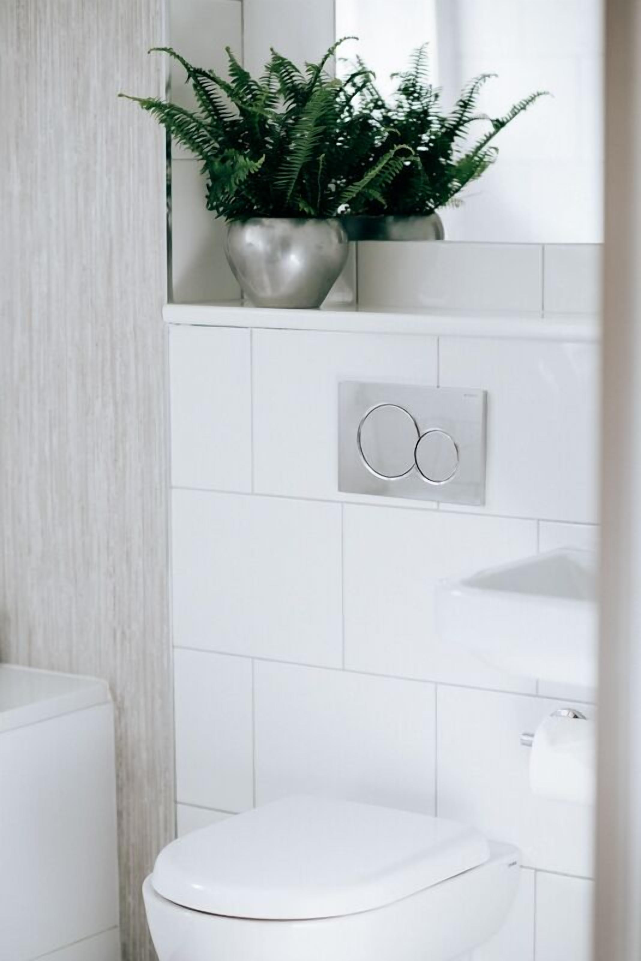 A modern bathroom with a white toilet, a silver faucet, and a potted fern.