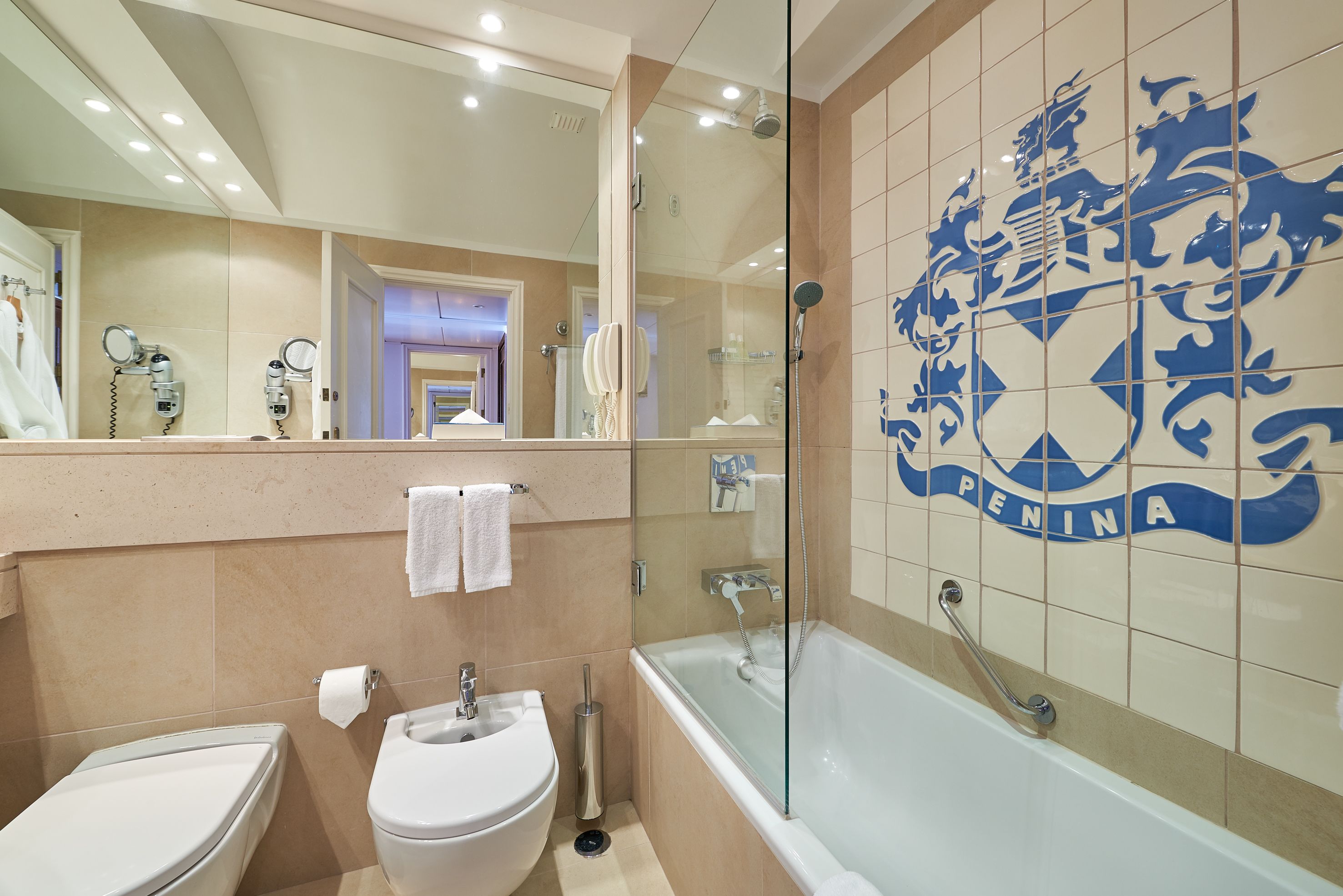 bathtub, hair dryer, bathrobes, slippers