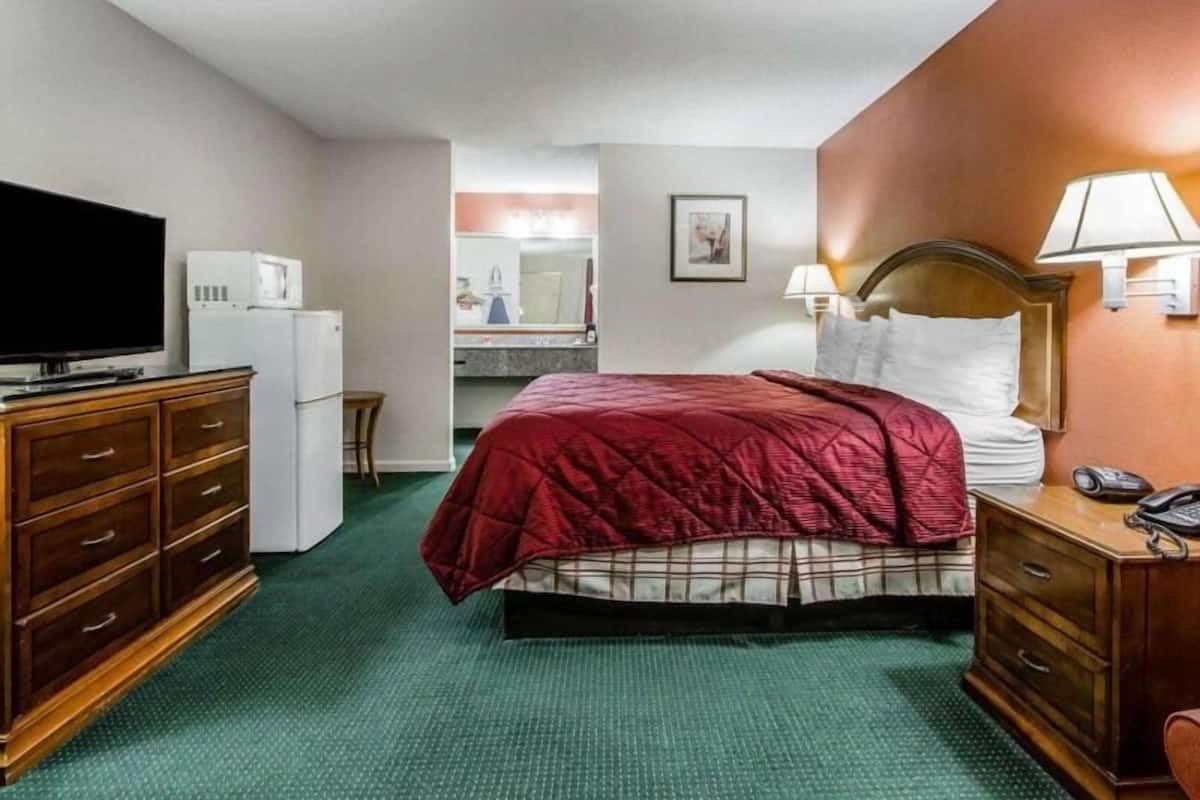 Quarto de hotel com cama, penteadeira, televisão, micro-ondas e pequena cozinha equipada.