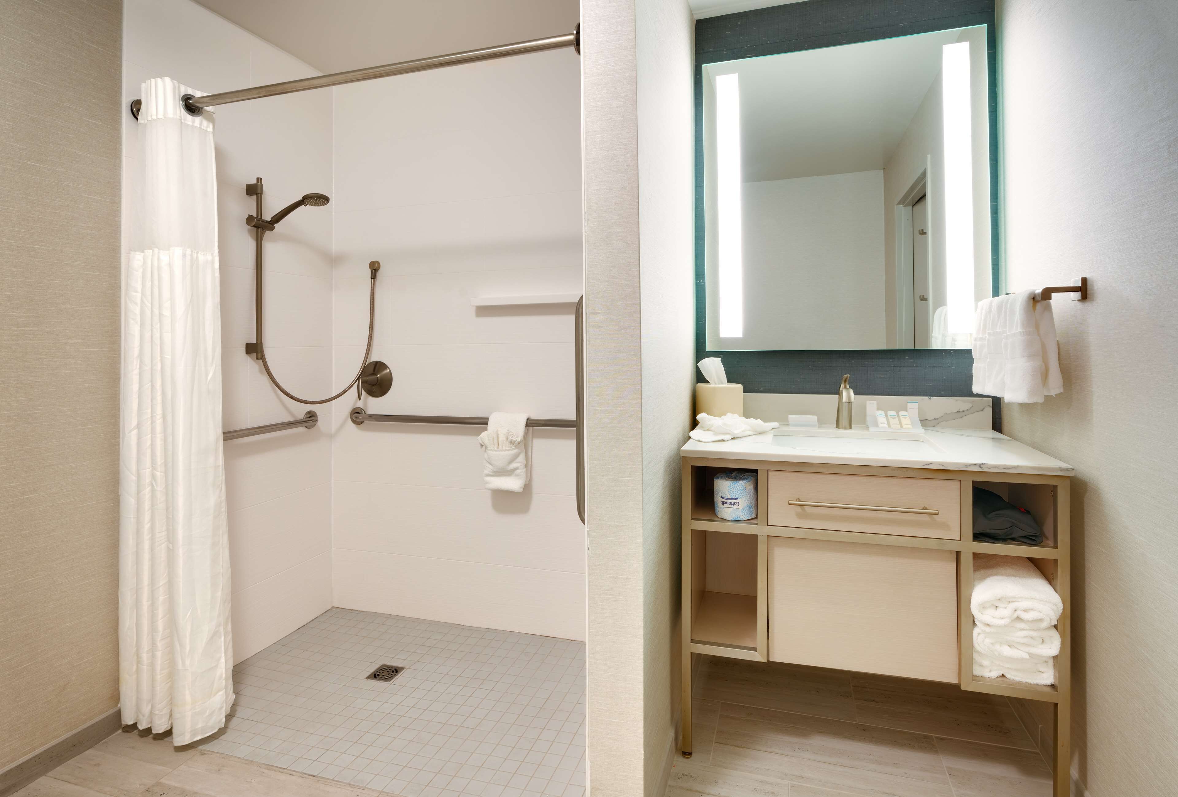 A bathroom with a shower, a toilet, a sink, and a mirror.