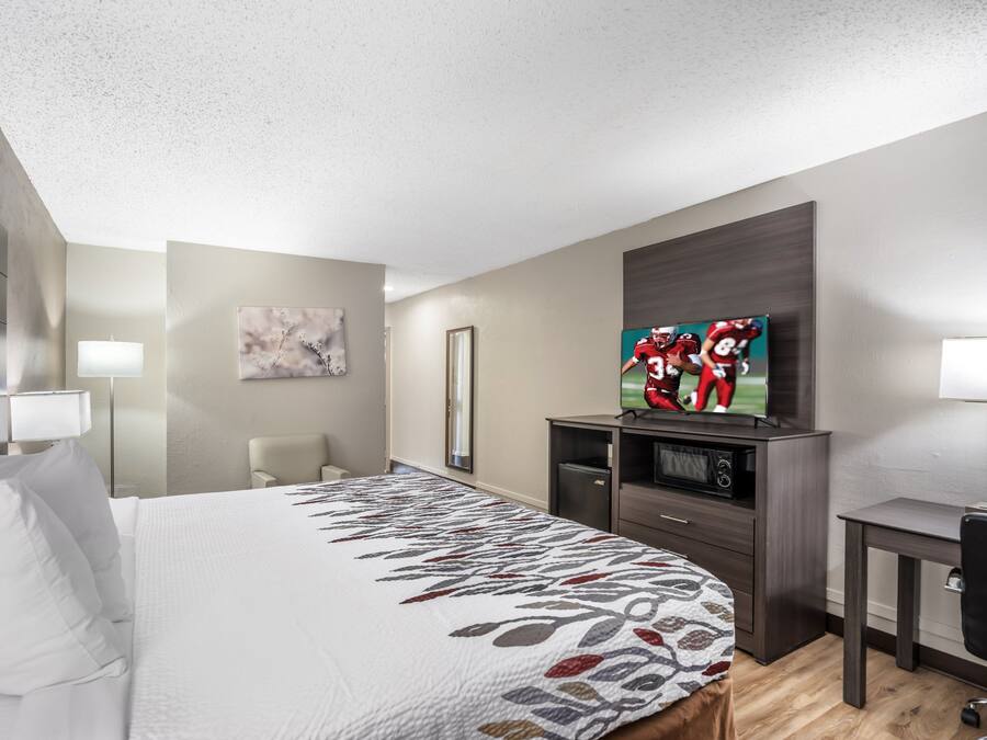 A hotel room with a bed, a desk, a television, and a mirror.