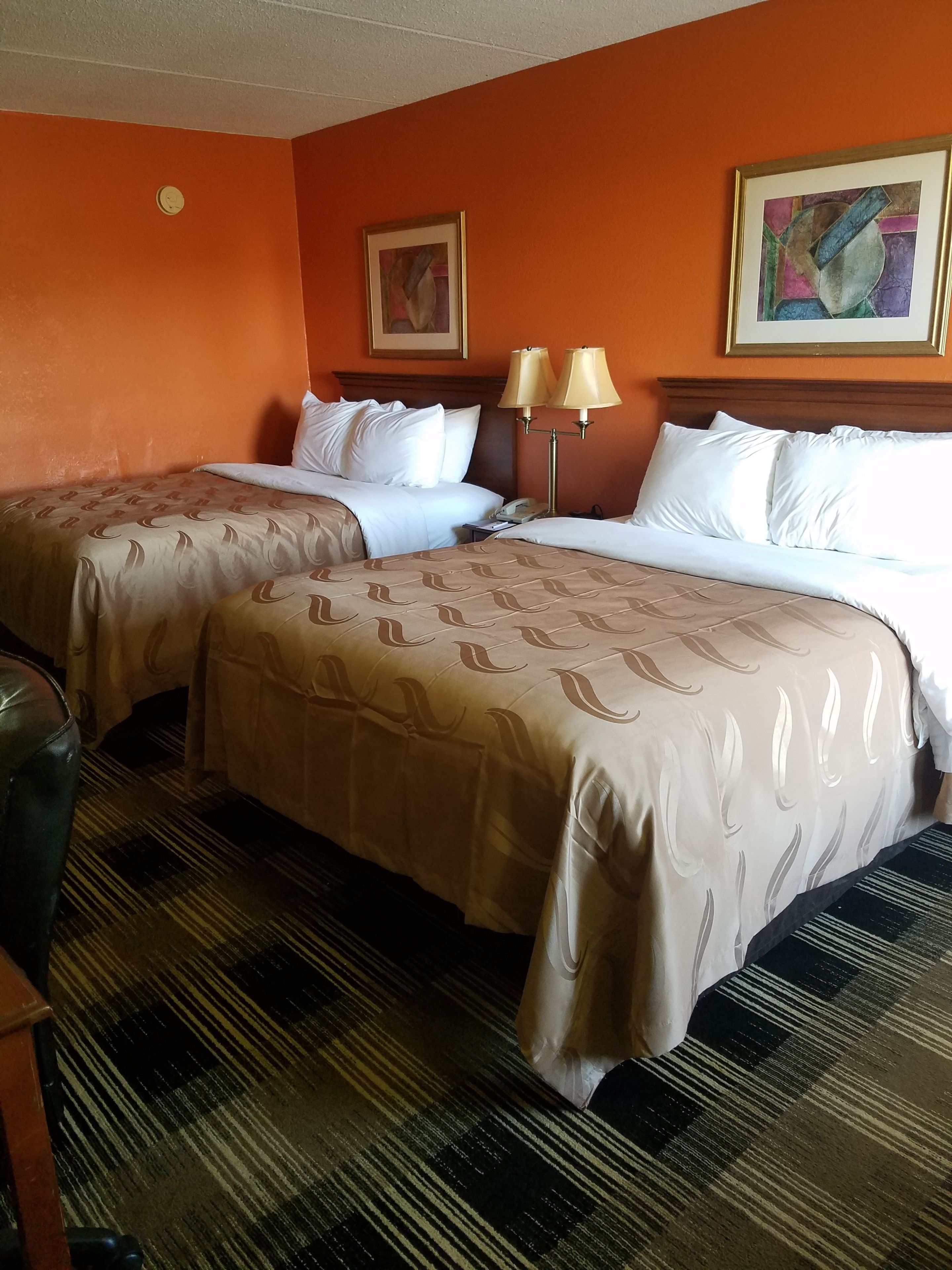 A hotel room with two beds, a wooden headboard, a carpeted floor, a clock, and two paintings on the wall.