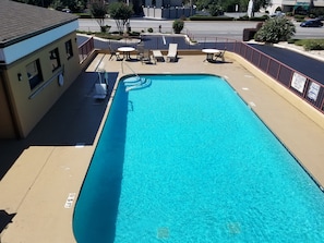 Seasonal outdoor pool, sun loungers