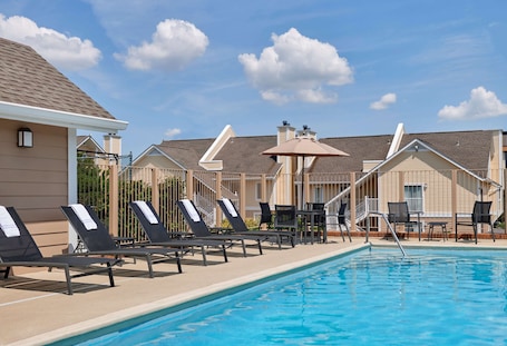 Outdoor pool, pool umbrellas, sun loungers