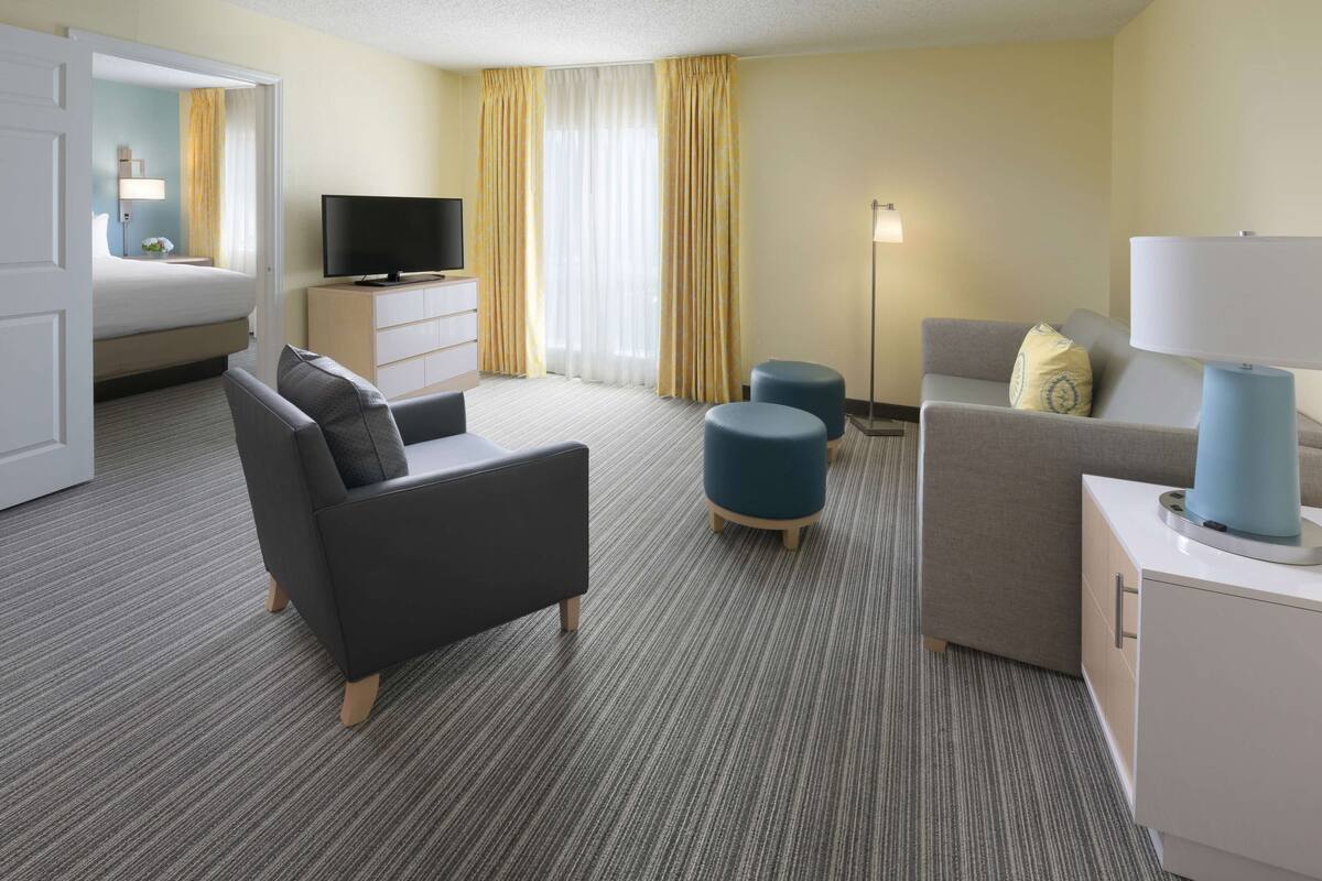 Una habitación de hotel con una cama, dos sofás, un televisor, una lámpara y una lámpara de pie.