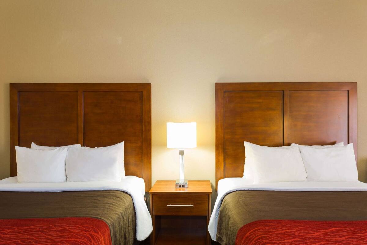 A hotel room with two beds, a nightstand with a lamp, and a red throw blanket.