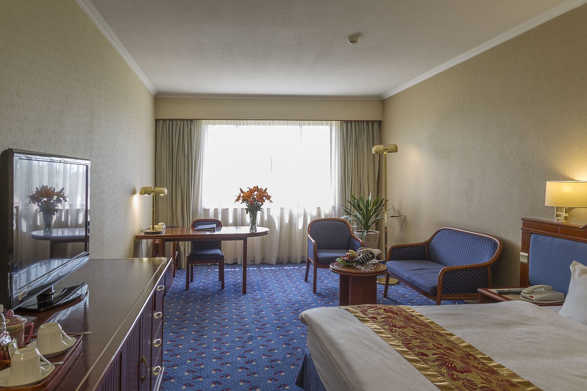 A hotel room with a bed, a desk, a chair, a television, and a window with curtains.