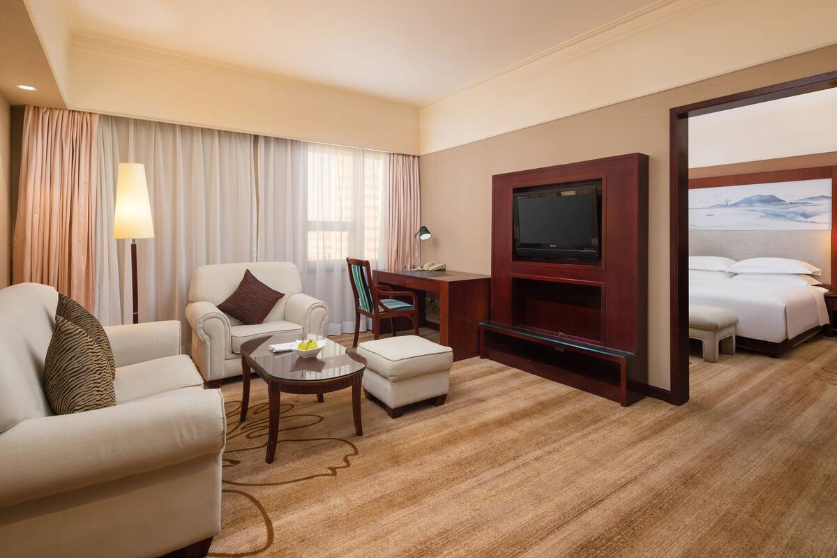 Una camera d'albergo con divano, poltrona, un tavolino con lampada, televisione e letto.