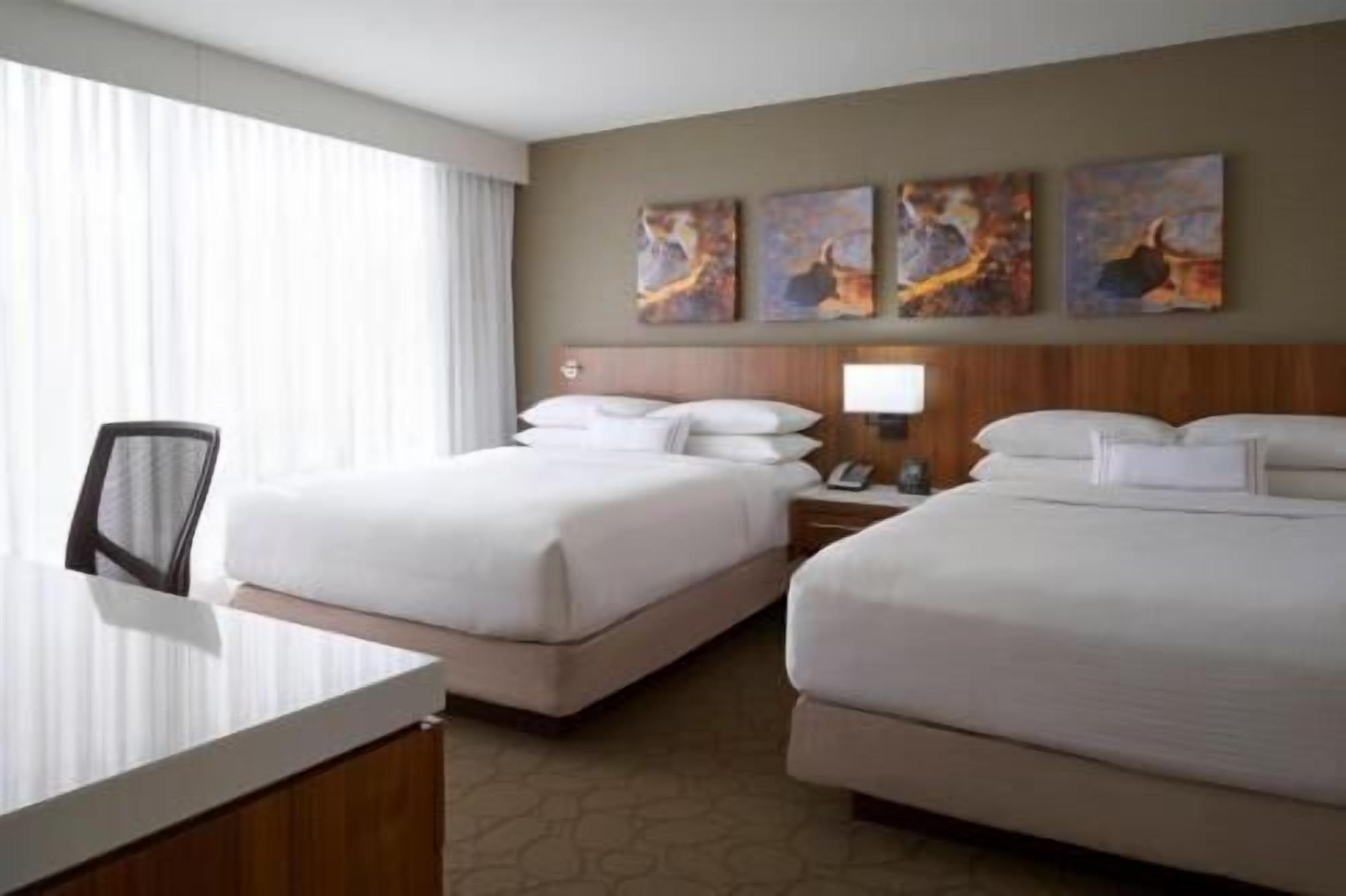 Premium bedding, desk, laptop workspace, blackout drapes