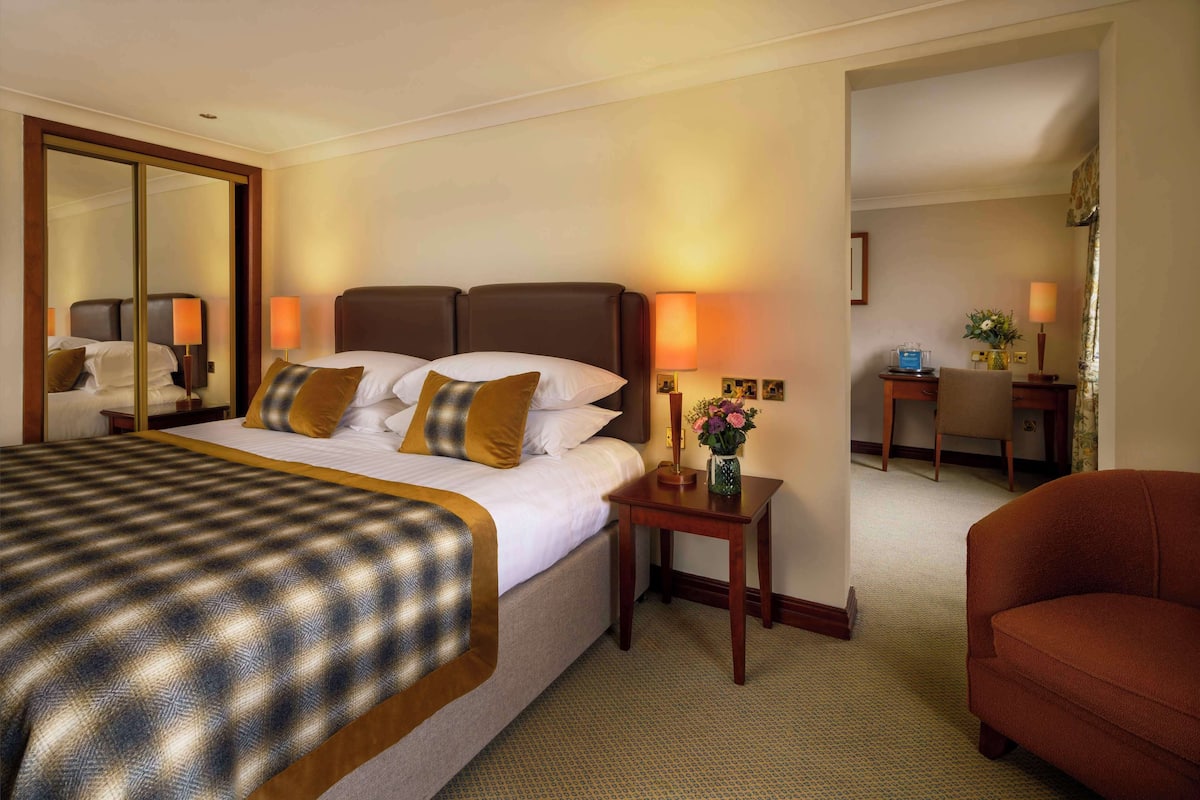 Una habitación de hotel con una cama grande, mesitas de noche con lámparas, un espejo y una silla.