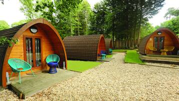 cabins nestled among lush greenery, each with a door and windows, offering a secluded lodging experience.