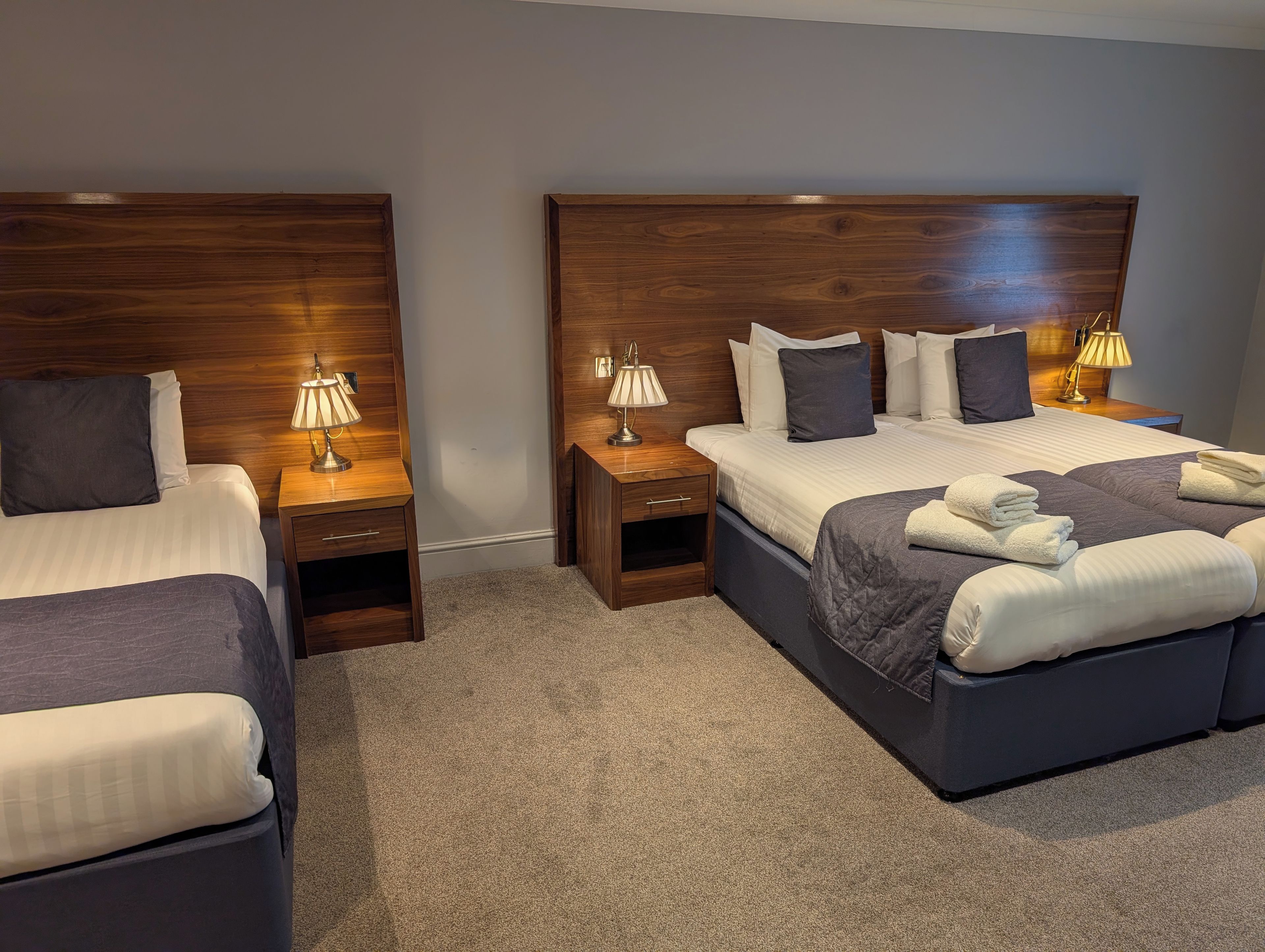 Habitación de hotel con dos camas, cabeceros de madera, mesitas de noche con lámparas y suelo alfombrado.