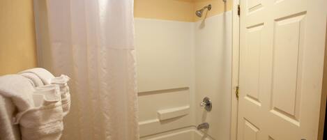 A bathroom with a shower, a bathtub, and a door.