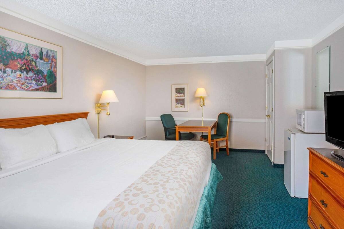 A hotel room with a bed, a desk, a chair, a television, and a microwave.