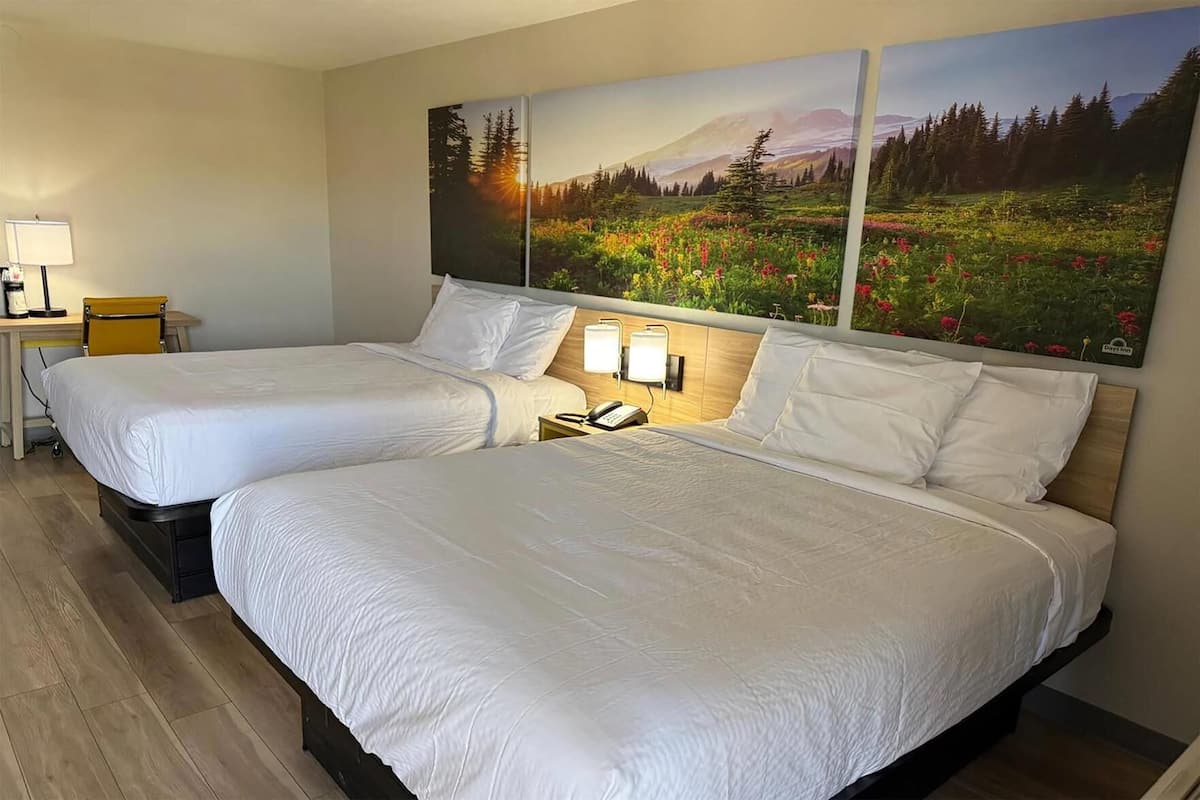 Premium bedding, desk, laptop workspace, blackout drapes