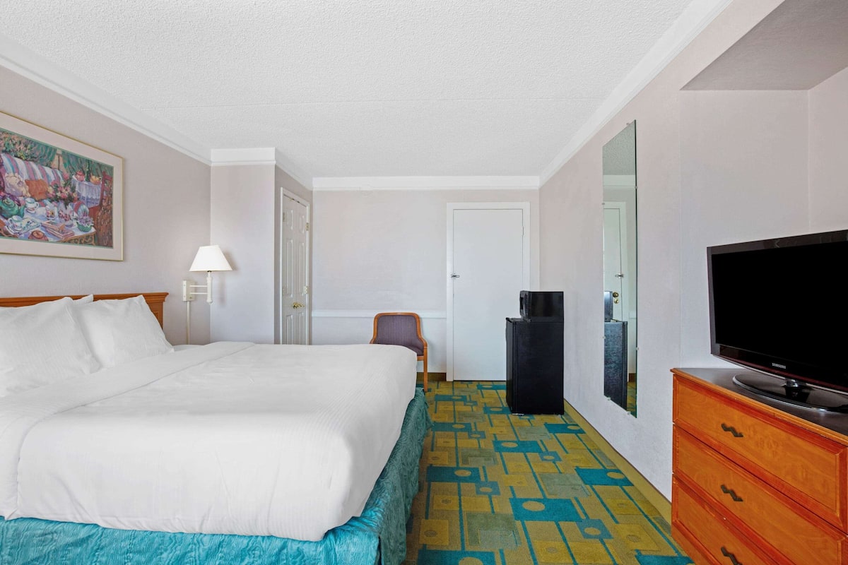 A hotel room with a large bed, a television, a desk, and a chair.