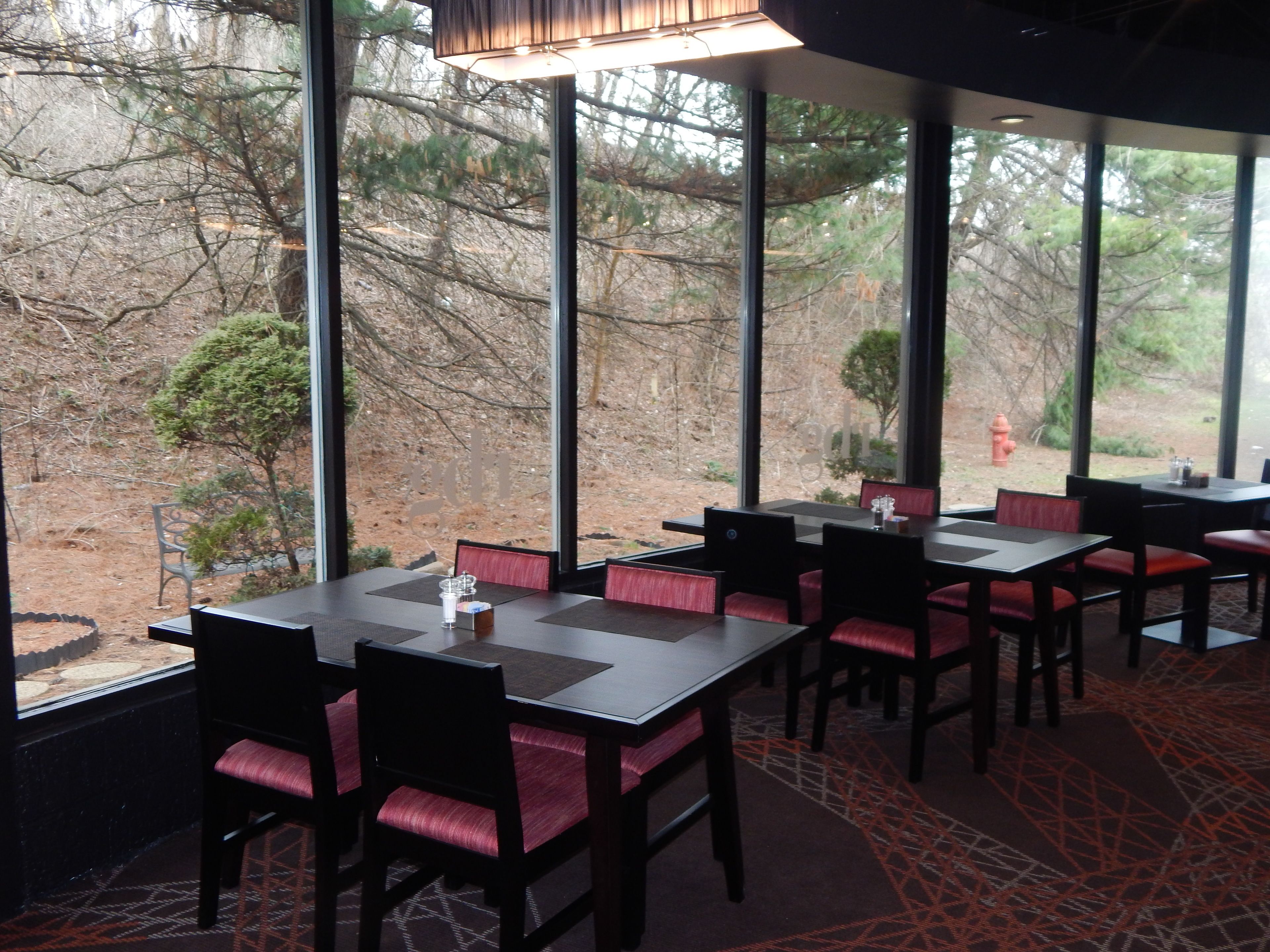Un ristorante con ampie finestre che si affaccia su alberi e un idrante all'esterno. I tavoli sono disposti con sedie imbottite rosse.