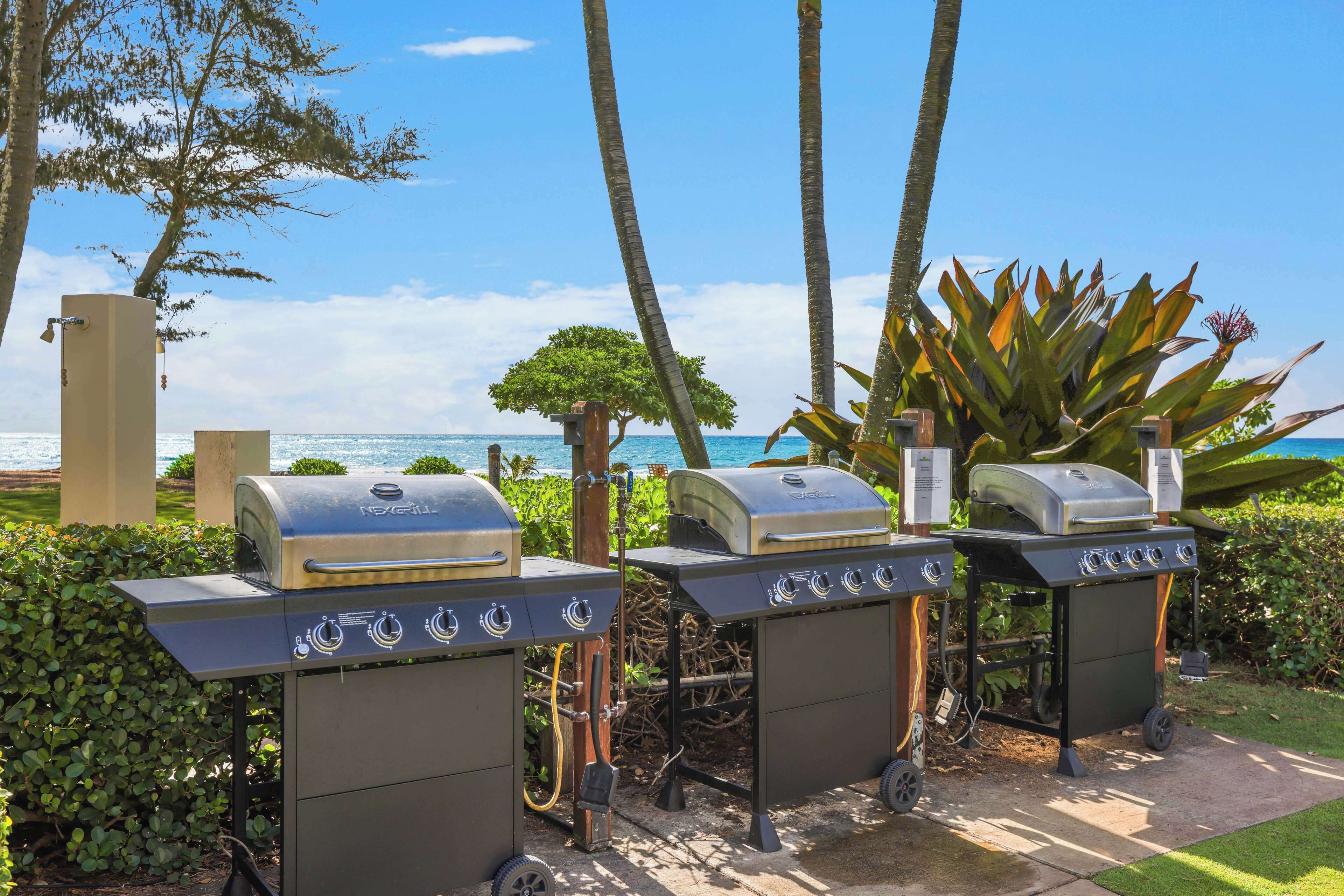 Three portable grills with controls, set up in a garden with a view of the ocean.