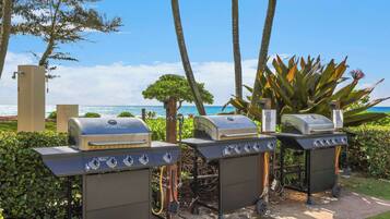 Three portable grills with controls, set up in a garden with a view of the ocean.