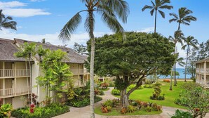 A hotel with multiple-story buildings, a well-maintained garden with palm trees, and a pathway leading to the entrance. - Aston Islander on the Beach (Kapaa)