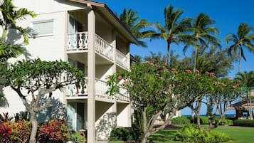 Un edificio de dos plantas con balcón, rodeado de plantas tropicales y palmeras.
