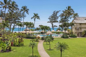 Un resort con piscina, palmeras y vistas al océano.