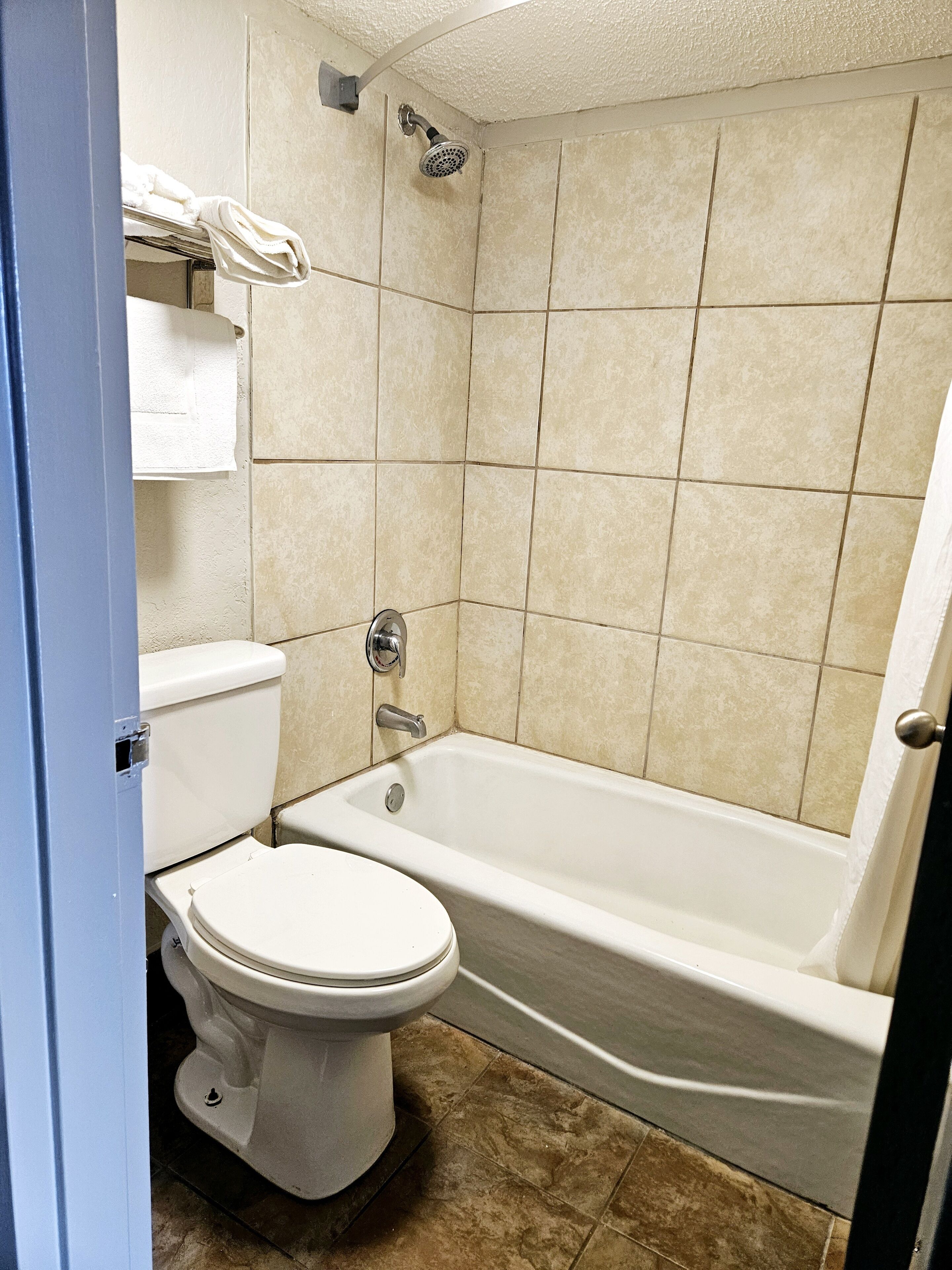 A bathroom with a toilet, bathtub, and shower.