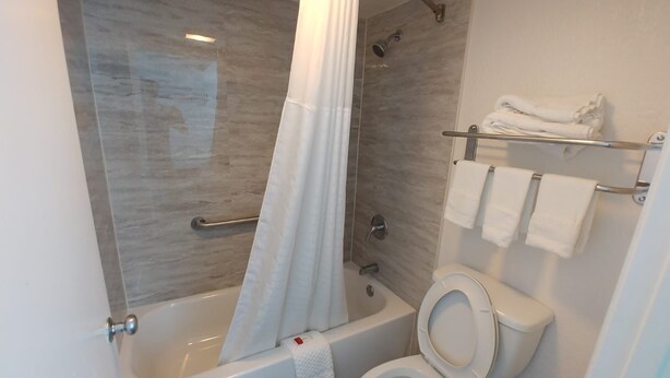 A modern bathroom with a bathtub, shower, and toilet. - Rodeway Inn Port Richey North (Port Richey)
