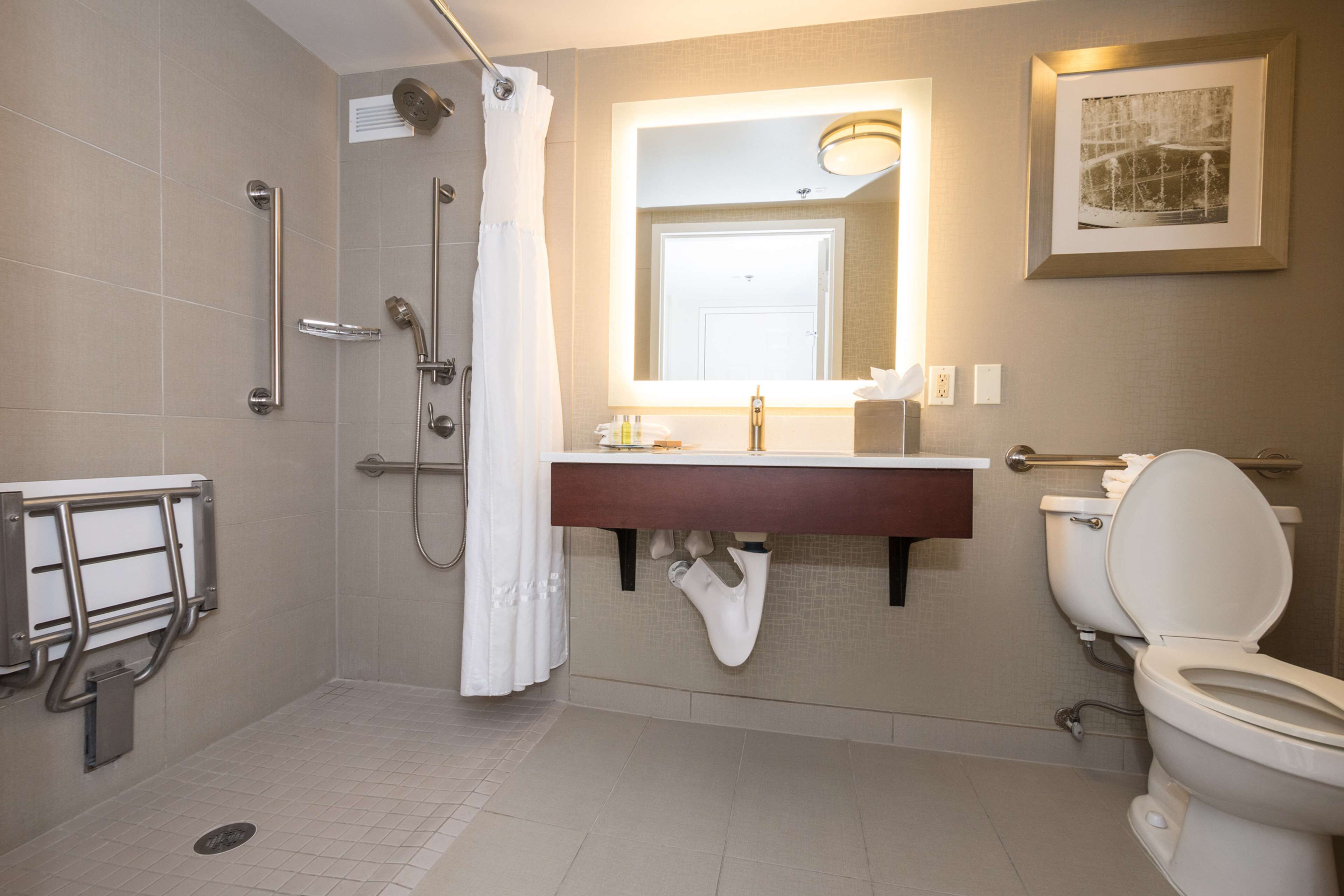 A modern bathroom with a shower, toilet, and sink.