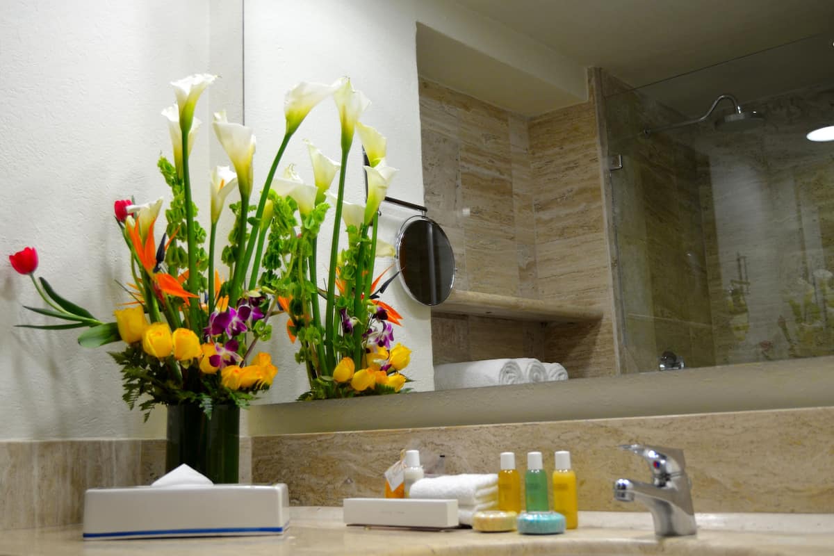 Bathroom | Shower, eco-friendly toiletries, hair dryer, slippers