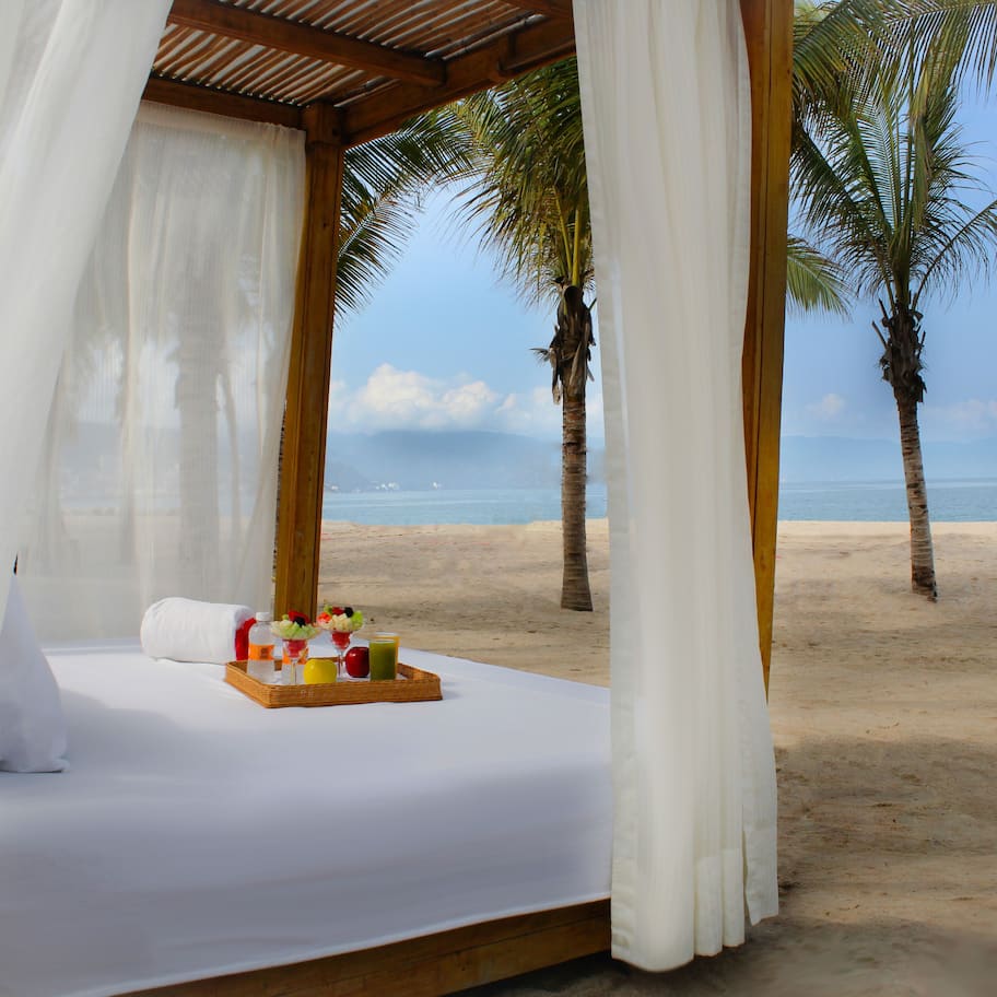 On the beach, sun loungers, beach umbrellas, beach towels