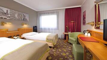 Hypo-allergenic bedding, desk, blackout drapes, iron/ironing board