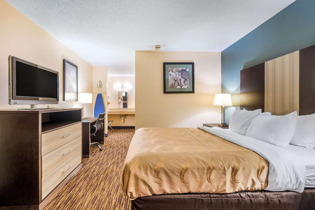 A hotel room with a large bed, a desk with a chair, a television, and a framed picture on the wall.