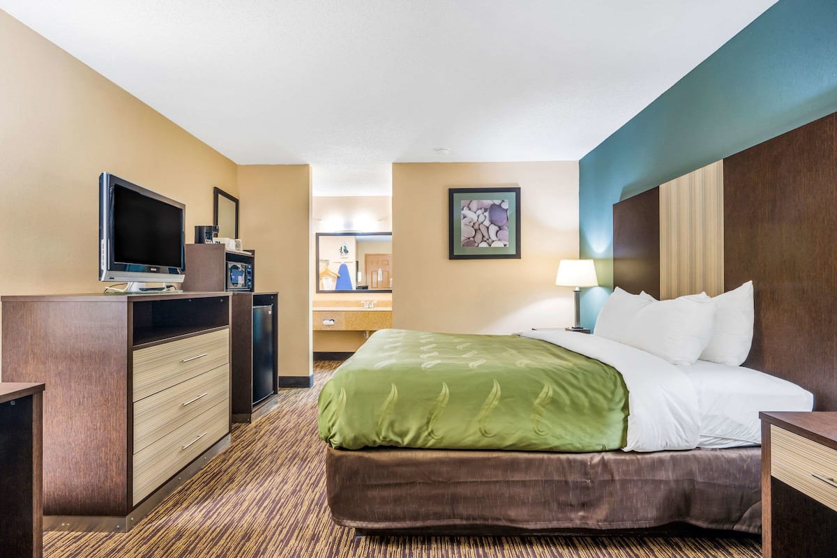 A hotel room with a bed, a desk with a television, a dresser, a lamp, and a framed picture on the wall.