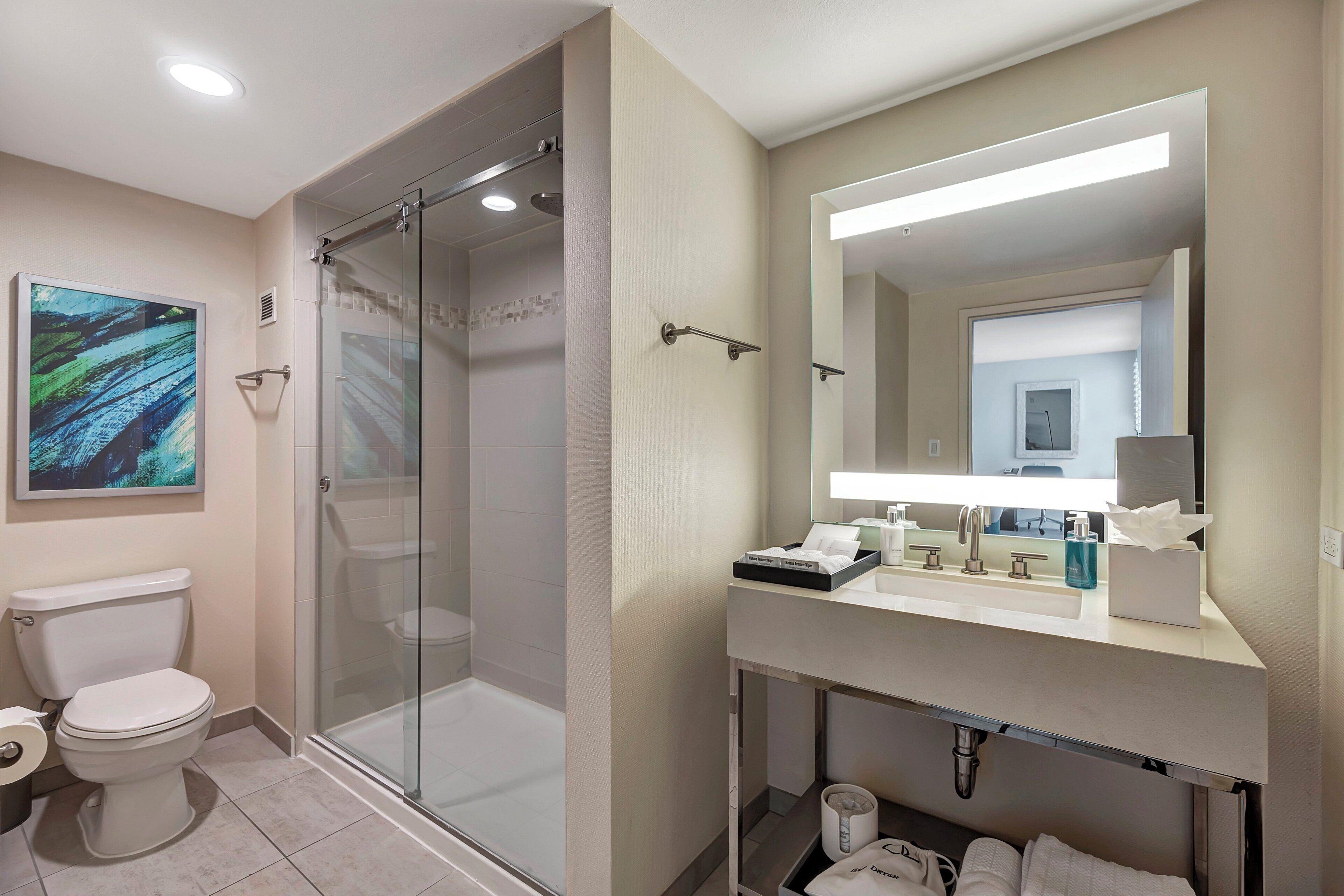 shower, rainfall showerhead, designer toiletries, hair dryer