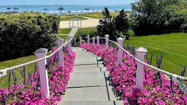 Un sendero que lleva a una playa, con embarcaciones al fondo y un edificio con una torre.