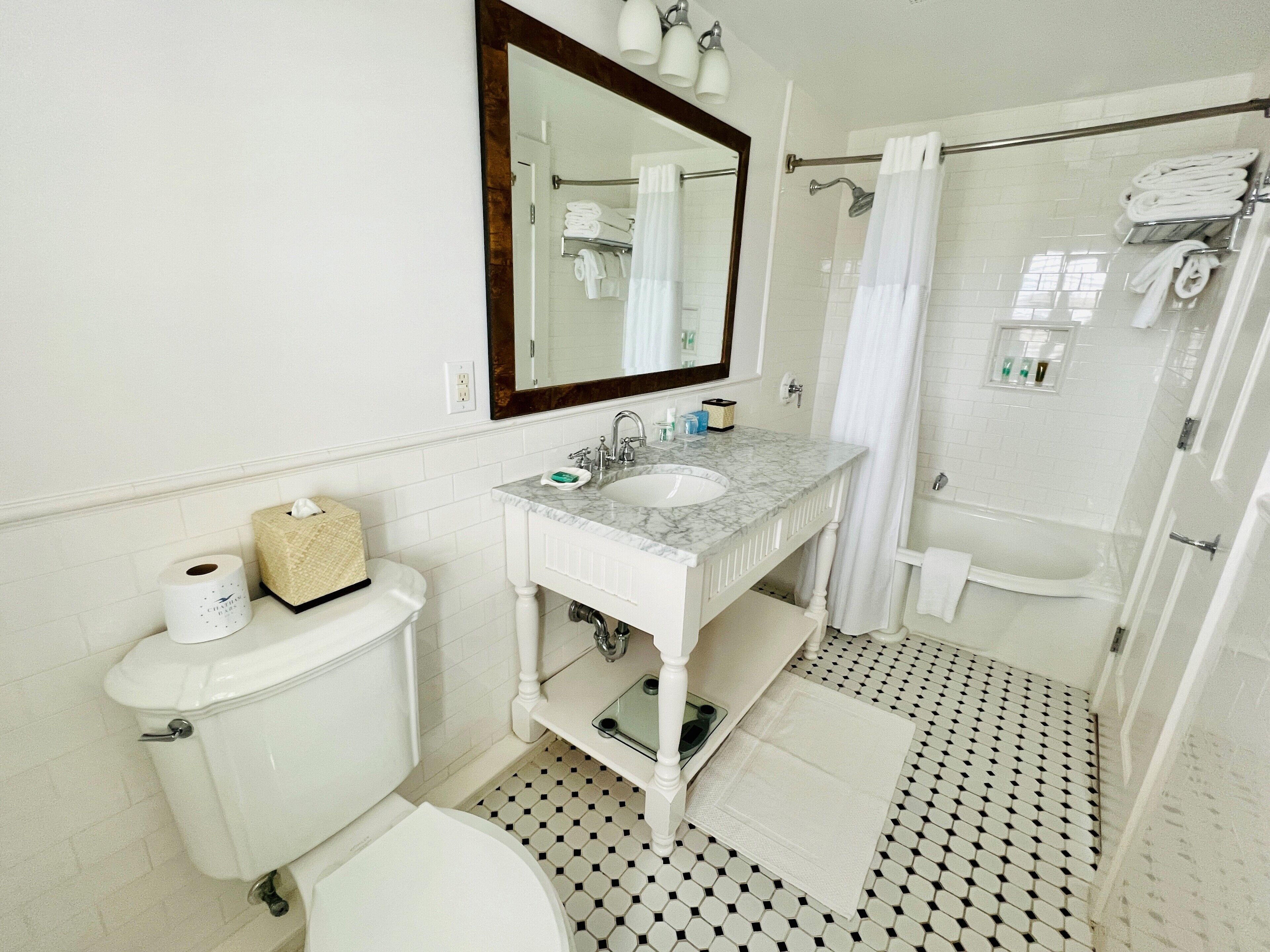 Une salle de bain équipée de toilettes, d’un lavabo, d’un miroir et d’une douche.