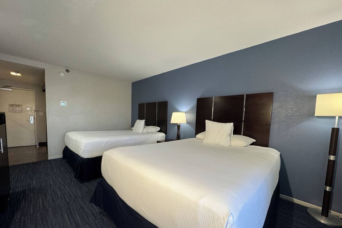 Une chambre d’hôtel avec deux lits, une tête de lit sombre, une lampe et un sol recouvert de moquette.