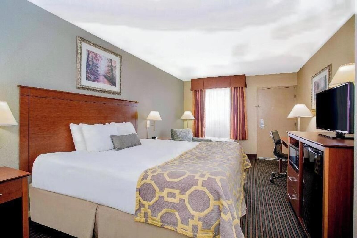Habitación de hotel con una cama grande, dos lámparas de noche, un televisor, un escritorio con una silla y una puerta.