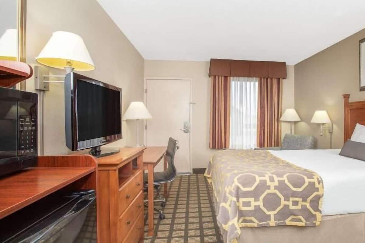 Een hotelkamer met een bed, bureau, televisie en een schilderij aan de muur.