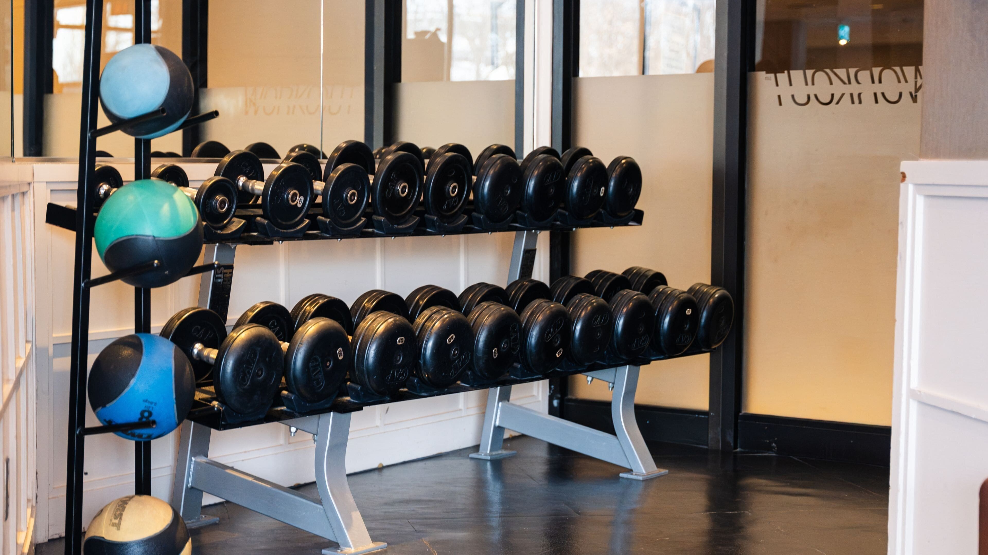 Un gimnasio con equipo de levantamiento de pesas, incluyendo mancuernas y kettelbells, organizadas en estanterías.
