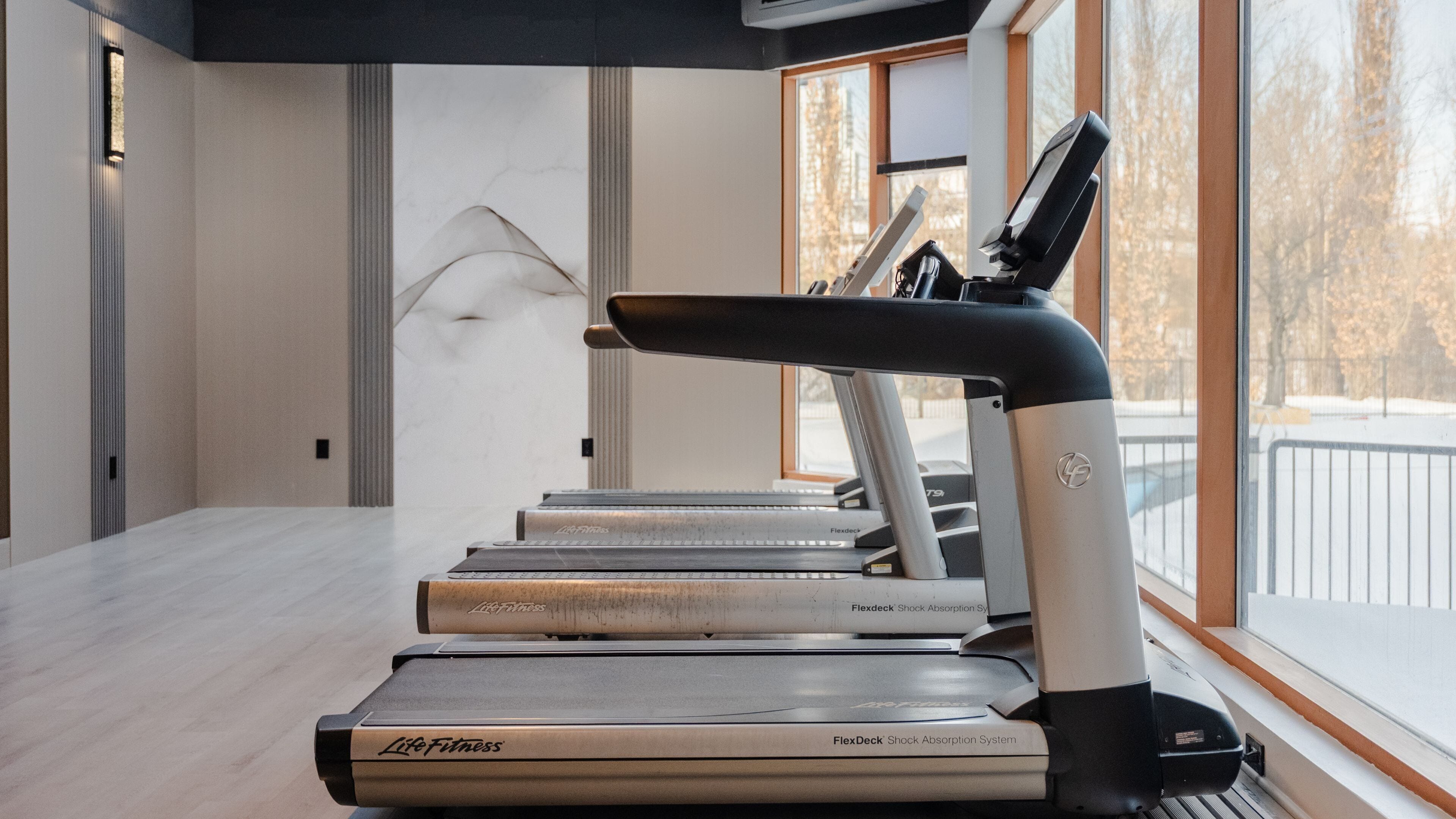 Varias caminadoras con sistema de amortiguación FlexDeck, ubicadas en un espacio con ventanas amplias y una pared de mármol.
