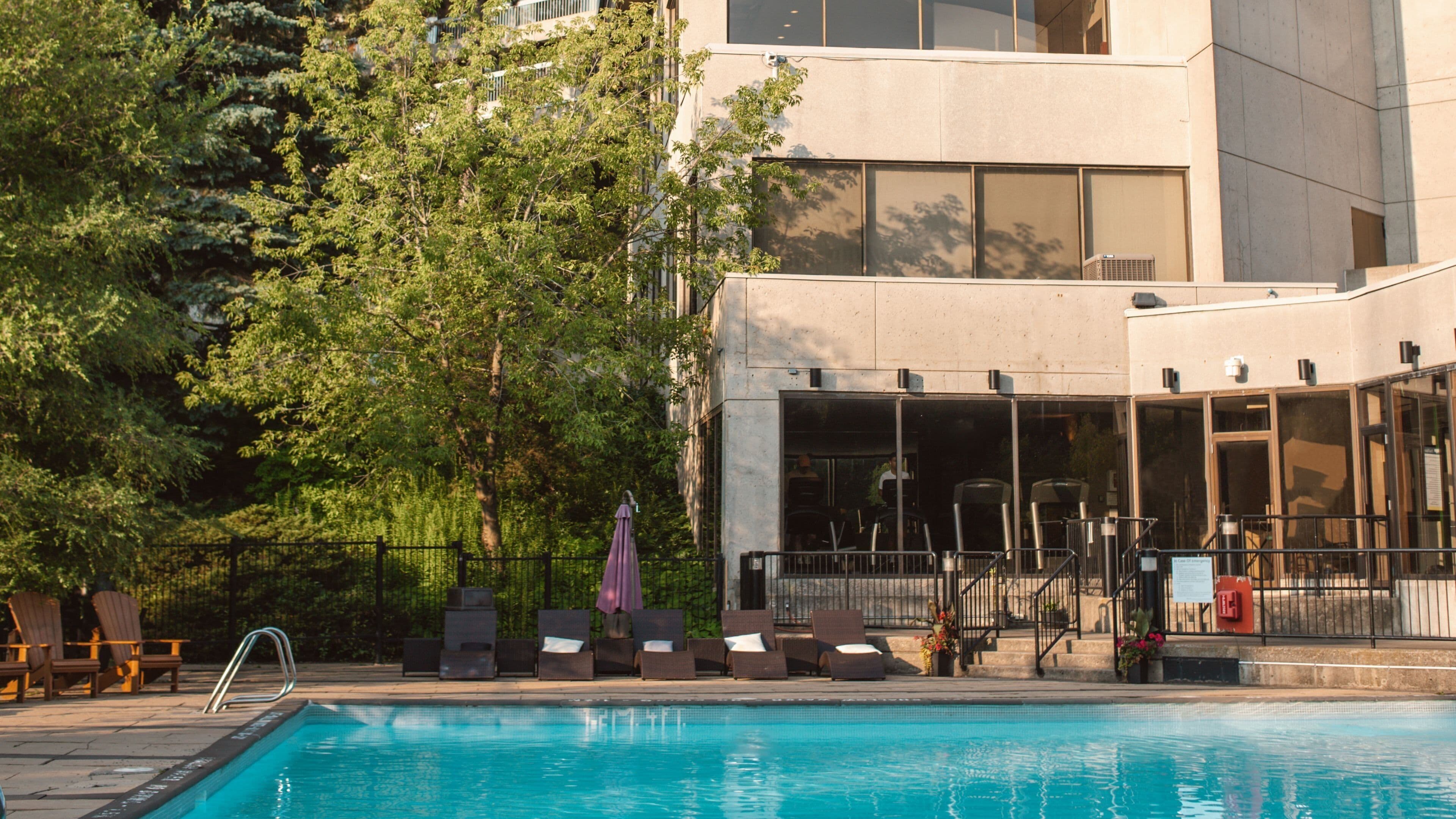 A swimming pool with lounge chairs and a building with large windows and a covered area.